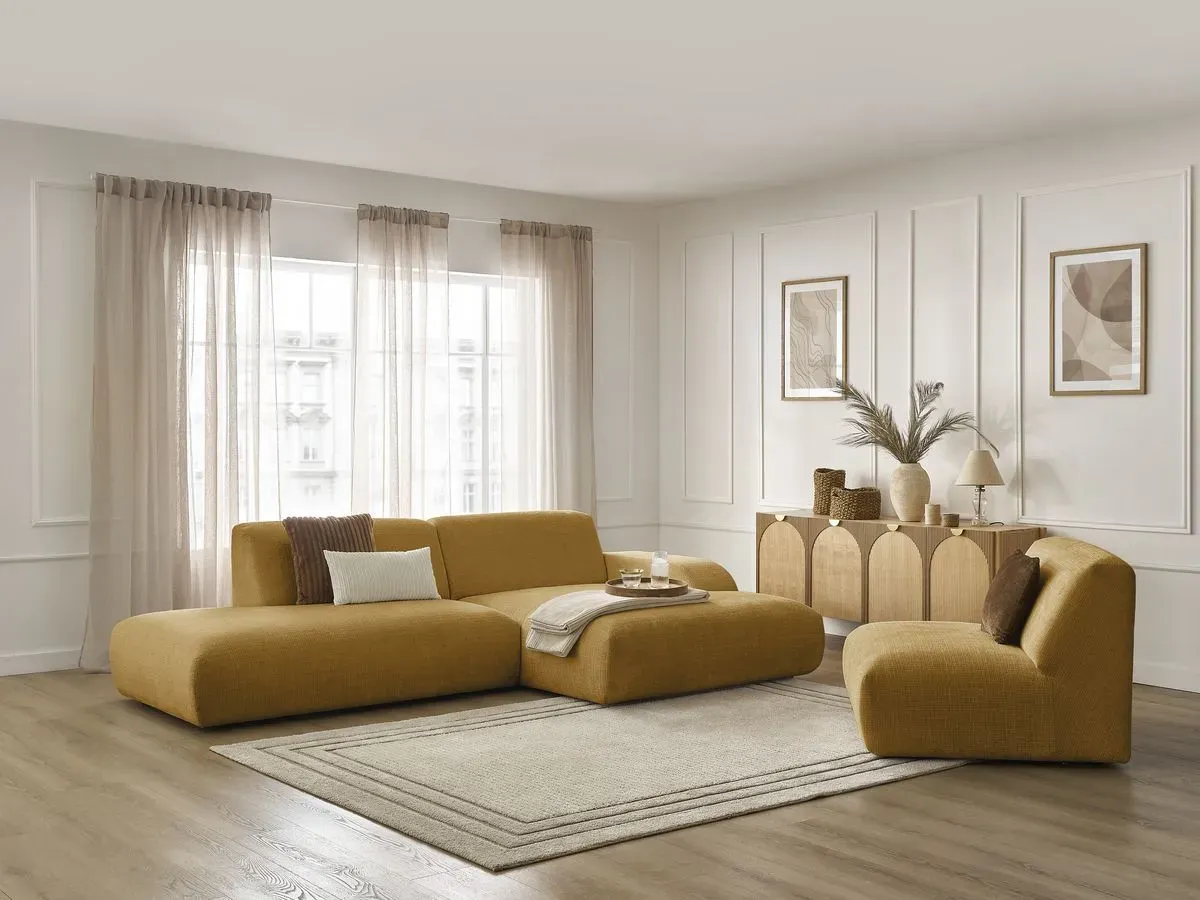 Canapé d'angle fixe modulable SIRIUS tissu texturé avec 1 chauffeuse jaune  angle droit BOBOCHIC 4 places