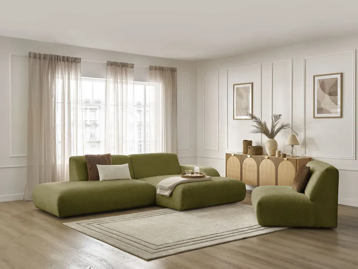 Canapé d'angle fixe modulable SIRIUS tissu texturé avec 1 chauffeuse vert  angle droit BOBOCHIC 4 places