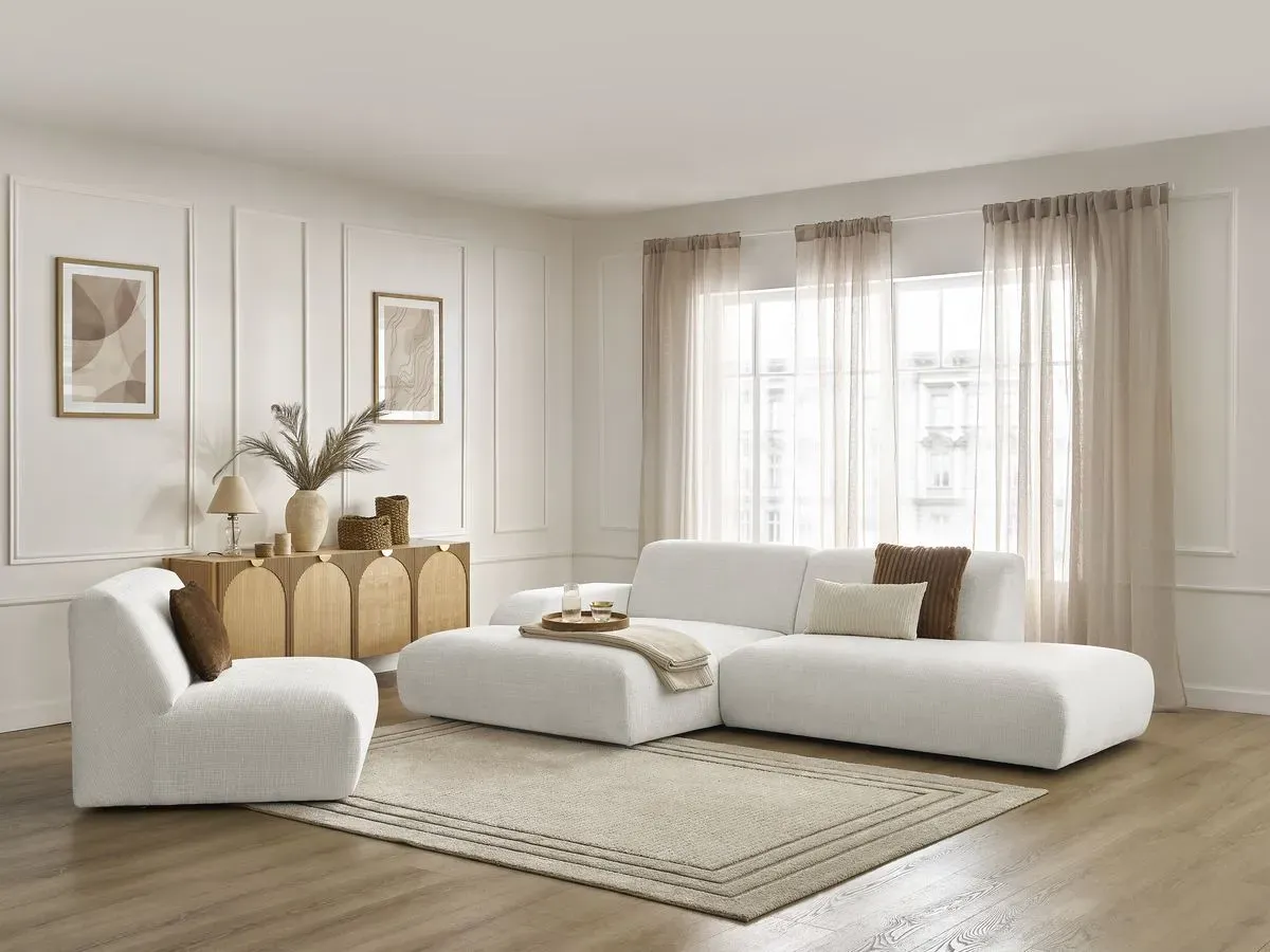 Canapé d'angle fixe modulable SIRIUS tissu texturé avec 1 chauffeuse blanc  angle gauche BOBOCHIC 4 places