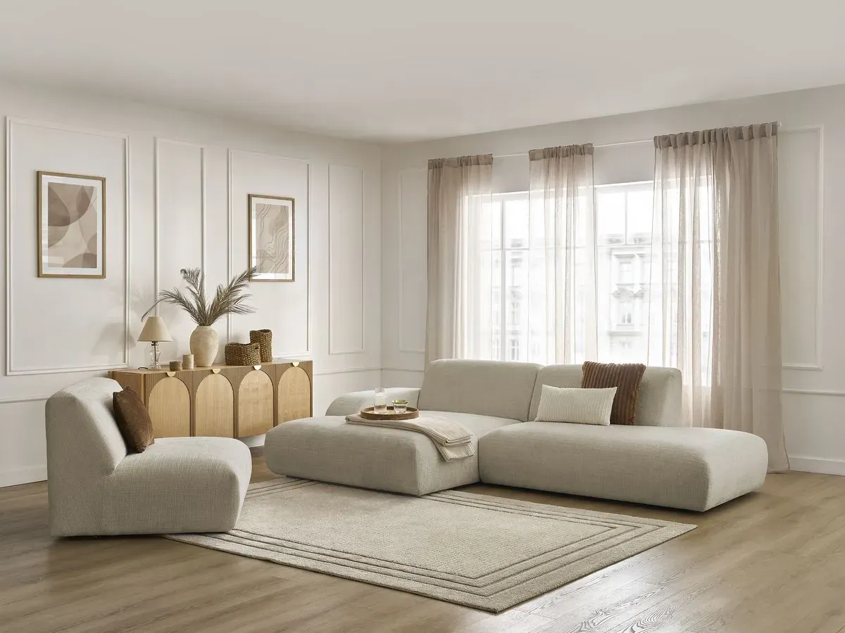 Canapé d'angle fixe modulable SIRIUS tissu texturé avec 1 chauffeuse beige  angle gauche BOBOCHIC 4 places