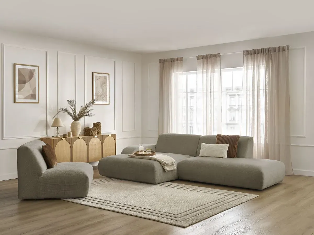 Canapé d'angle fixe modulable SIRIUS tissu texturé avec 1 chauffeuse taupe  angle gauche BOBOCHIC 4 places