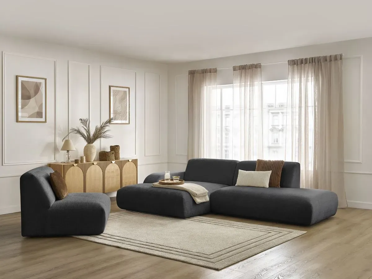 Canapé d'angle fixe modulable SIRIUS tissu texturé avec 1 chauffeuse noir  angle gauche BOBOCHIC 4 places