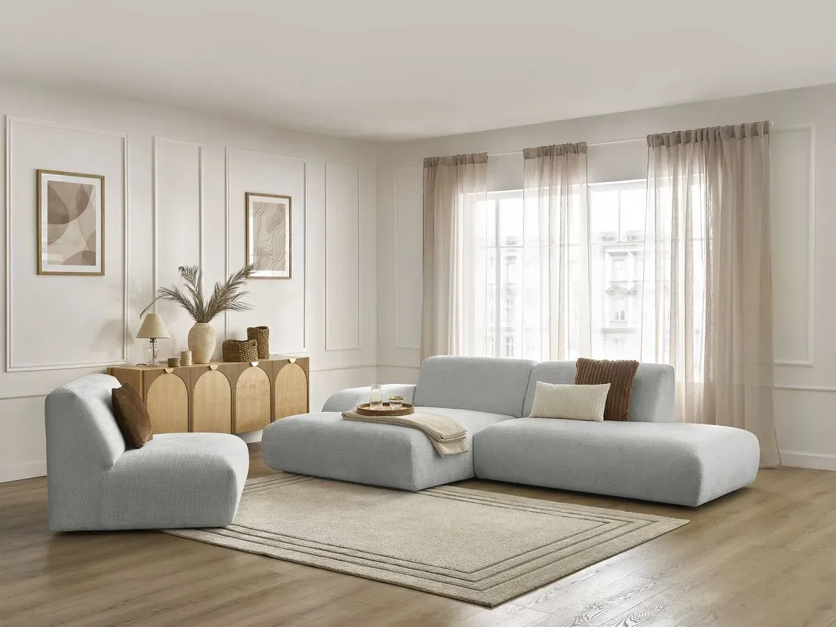 Canapé d'angle fixe modulable SIRIUS tissu texturé avec 1 chauffeuse gris clair  angle gauche BOBOCHIC 4 places