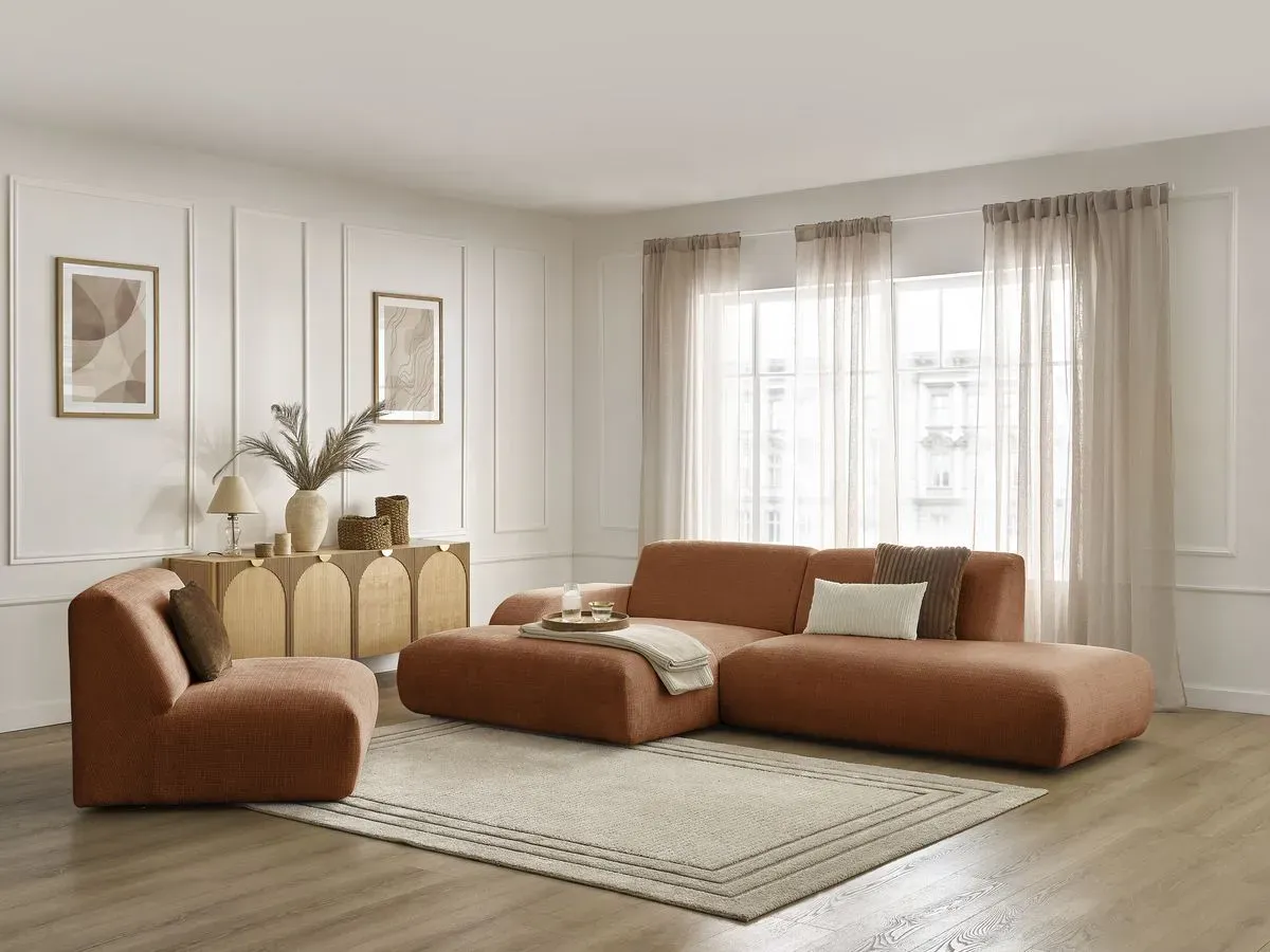 Canapé d'angle fixe modulable SIRIUS tissu texturé avec 1 chauffeuse orange  angle gauche BOBOCHIC 4 places