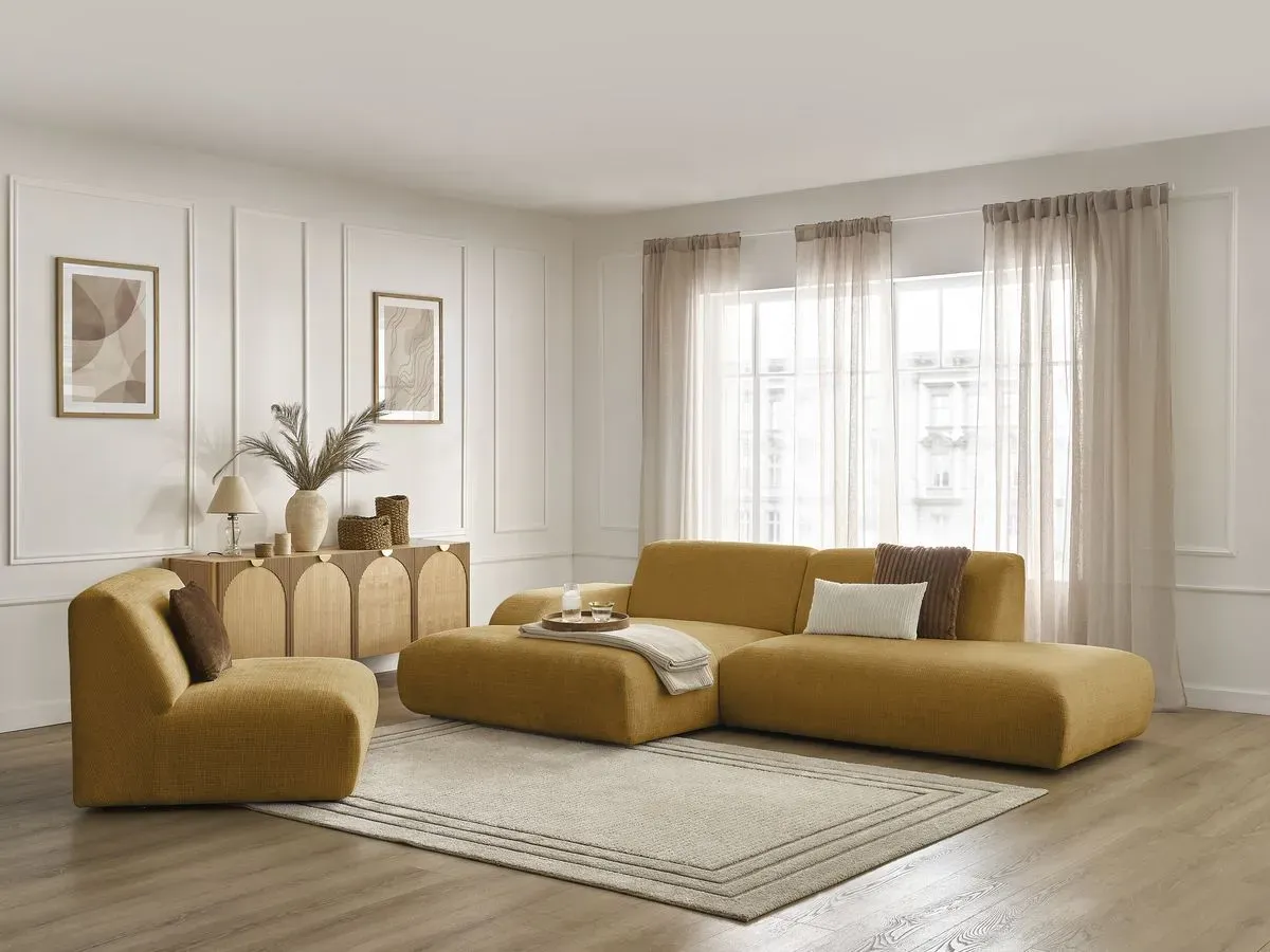 Canapé d'angle fixe modulable SIRIUS tissu texturé avec 1 chauffeuse jaune  angle gauche BOBOCHIC 4 places