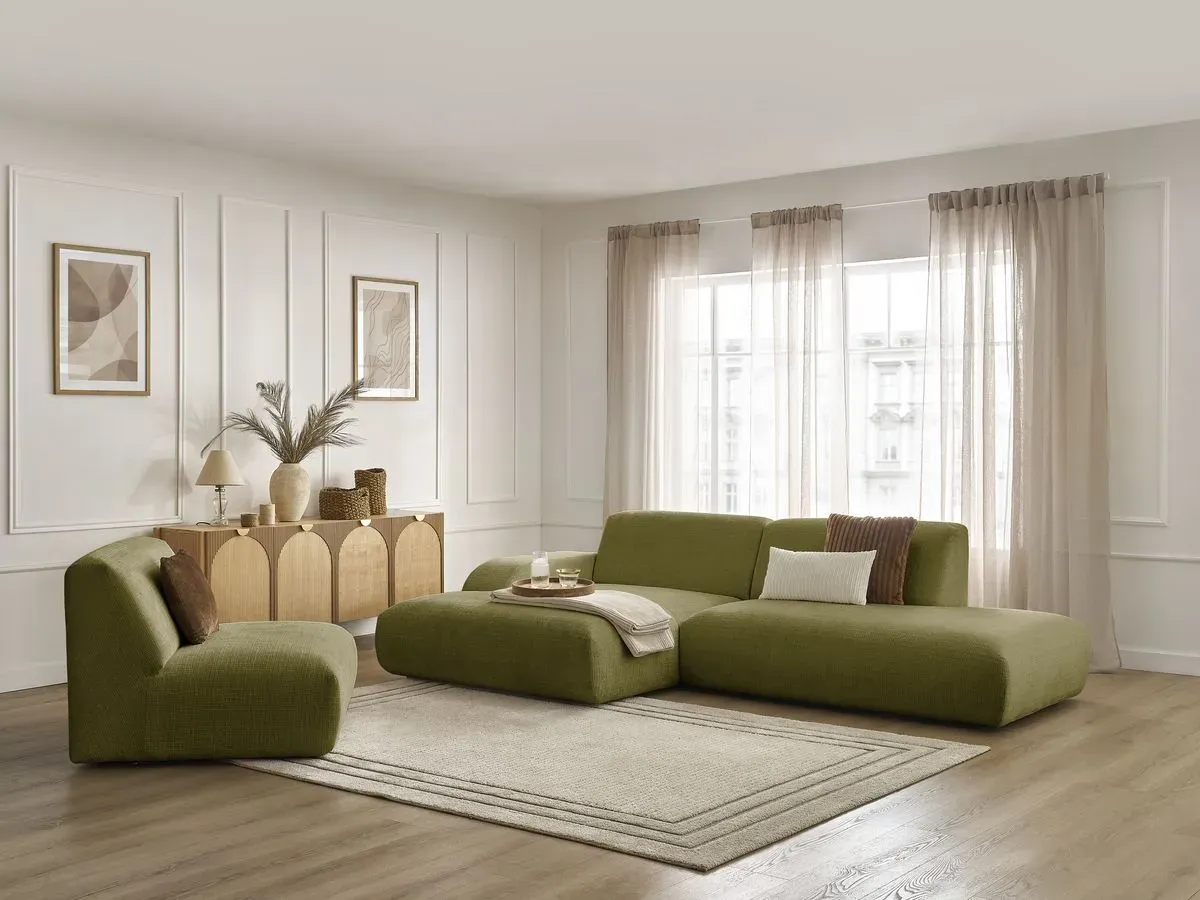 Canapé d'angle fixe modulable SIRIUS tissu texturé avec 1 chauffeuse vert  angle gauche BOBOCHIC 4 places