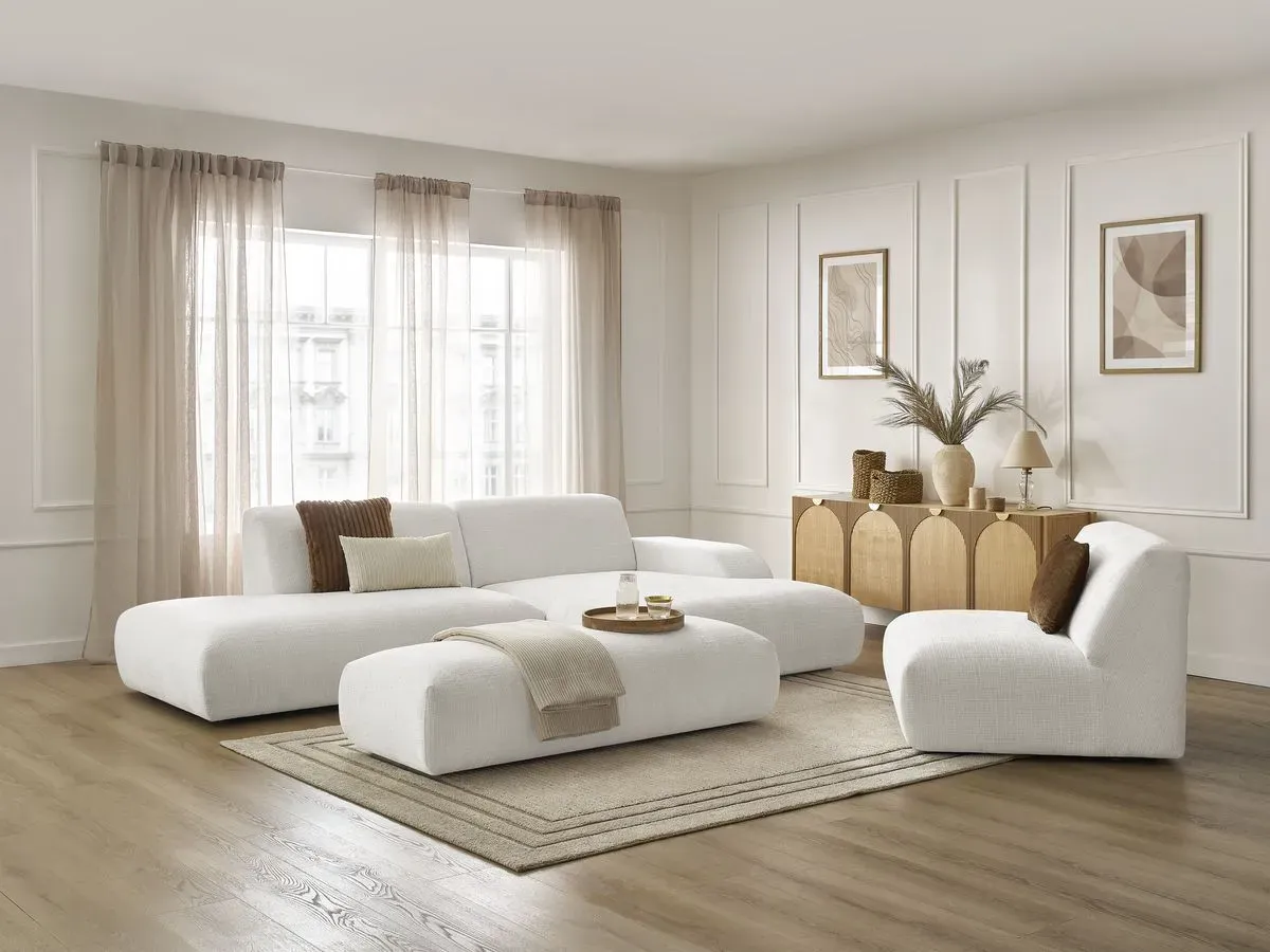 Canapé d'angle fixe modulable SIRIUS tissu texturé avec 1 chauffeuse et grand pouf blanc  angle droit BOBOCHIC 5 places