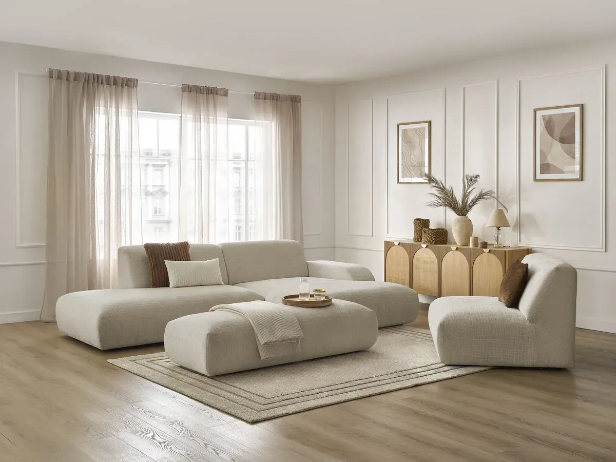 Canapé d'angle fixe modulable SIRIUS tissu texturé avec 1 chauffeuse et grand pouf beige  angle droit BOBOCHIC 5 places