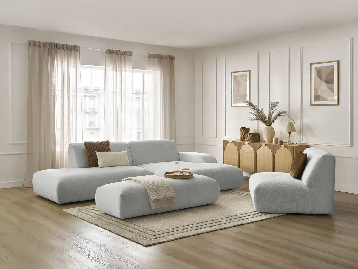 Canapé d'angle fixe modulable SIRIUS tissu texturé avec 1 chauffeuse et grand pouf gris clair  angle droit BOBOCHIC 5 places