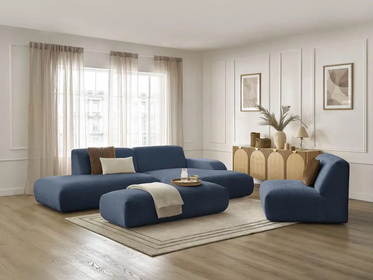 Canapé d'angle fixe modulable SIRIUS tissu texturé avec 1 chauffeuse et grand pouf bleu foncé  angle droit BOBOCHIC 5 places