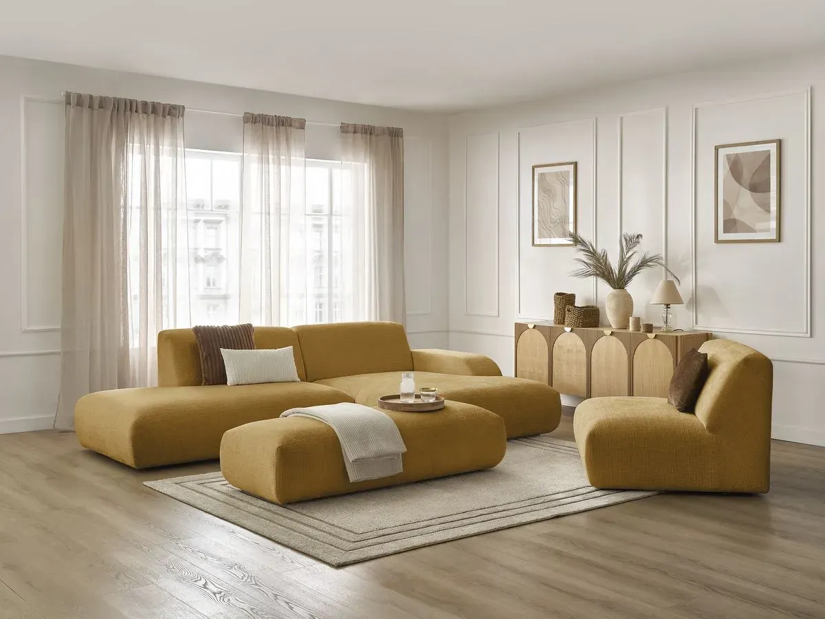 Canapé d'angle fixe modulable SIRIUS tissu texturé avec 1 chauffeuse et grand pouf jaune  angle droit BOBOCHIC 5 places