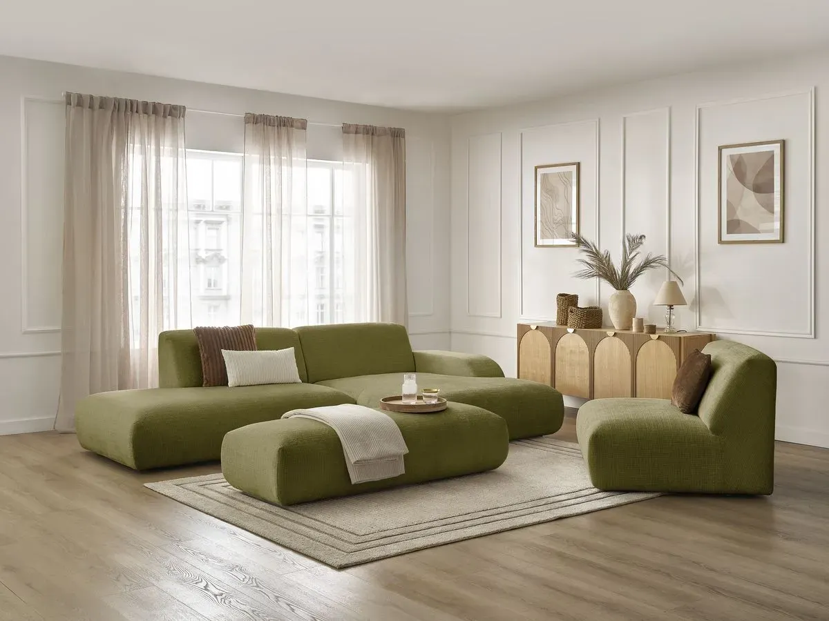 Canapé d'angle fixe modulable SIRIUS tissu texturé avec 1 chauffeuse et grand pouf vert  angle droit BOBOCHIC 5 places
