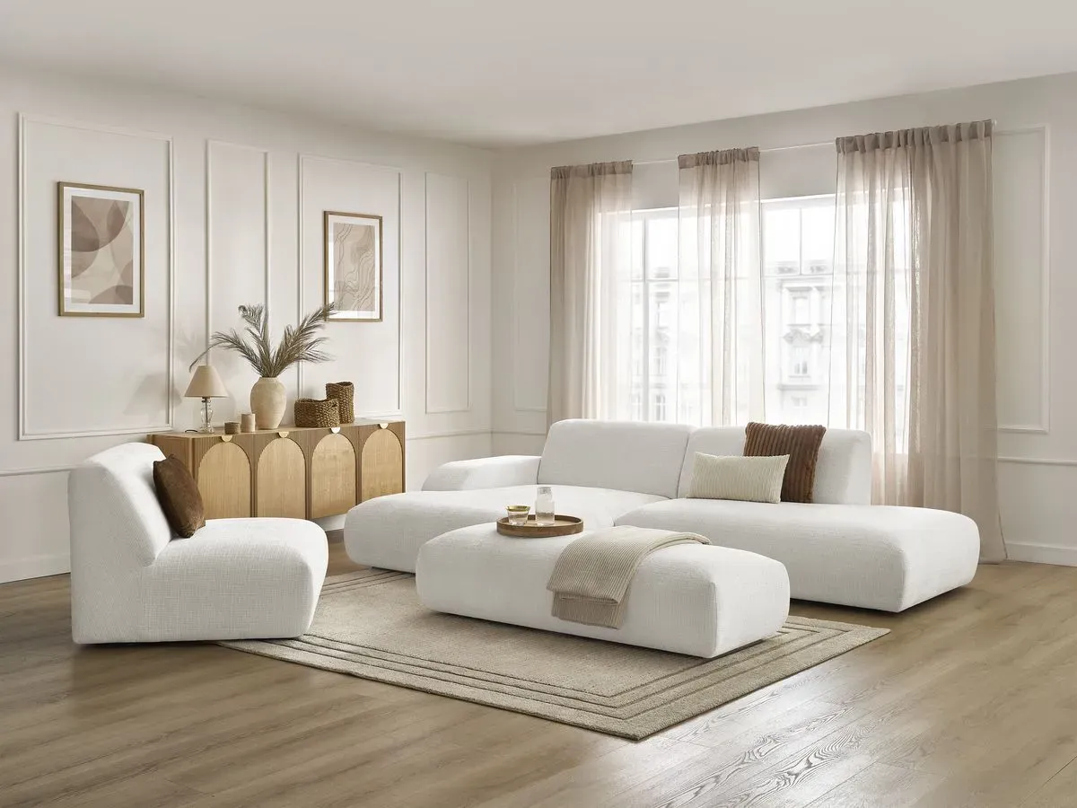 Canapé d'angle fixe modulable SIRIUS tissu texturé avec 1 chauffeuse et grand pouf blanc  angle gauche BOBOCHIC 5 places