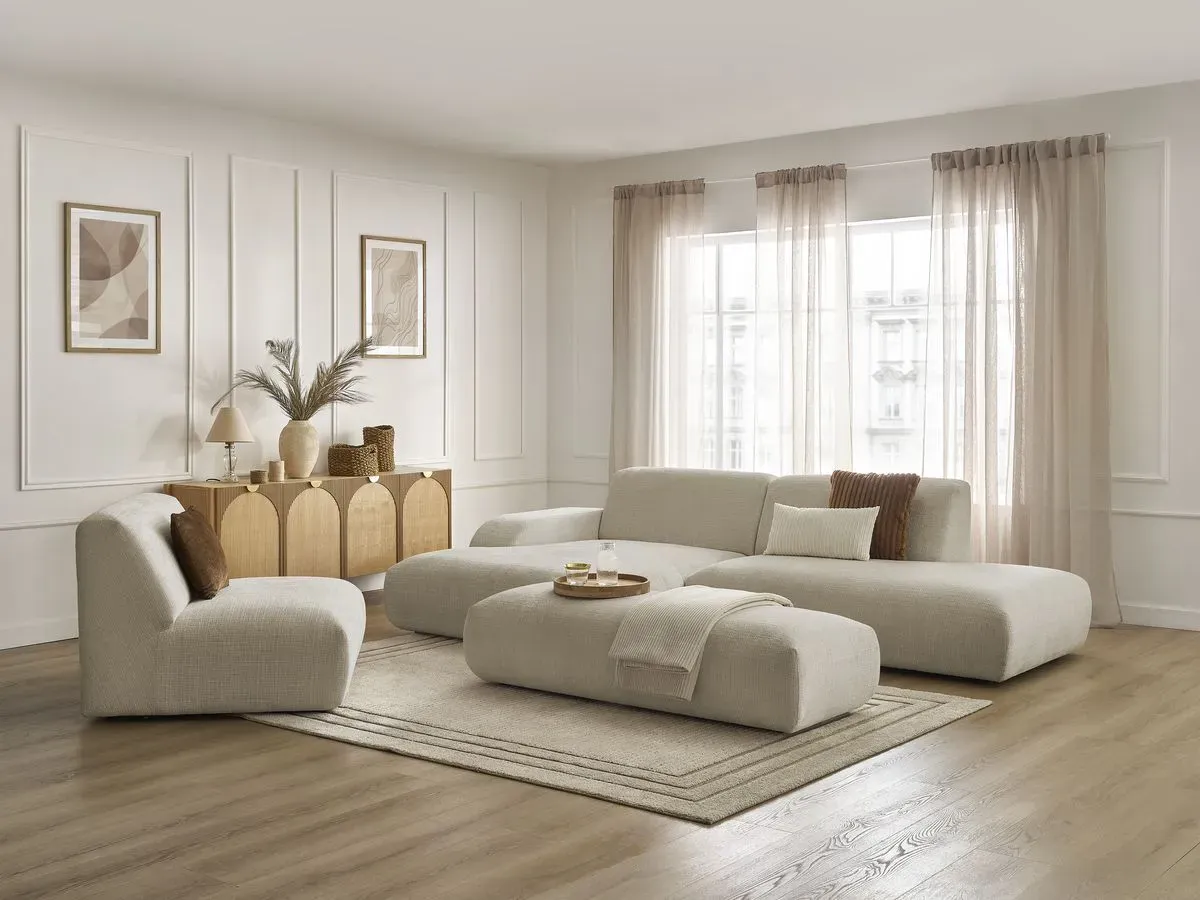 Canapé d'angle fixe modulable SIRIUS tissu texturé avec 1 chauffeuse et grand pouf beige  angle gauche BOBOCHIC 5 places