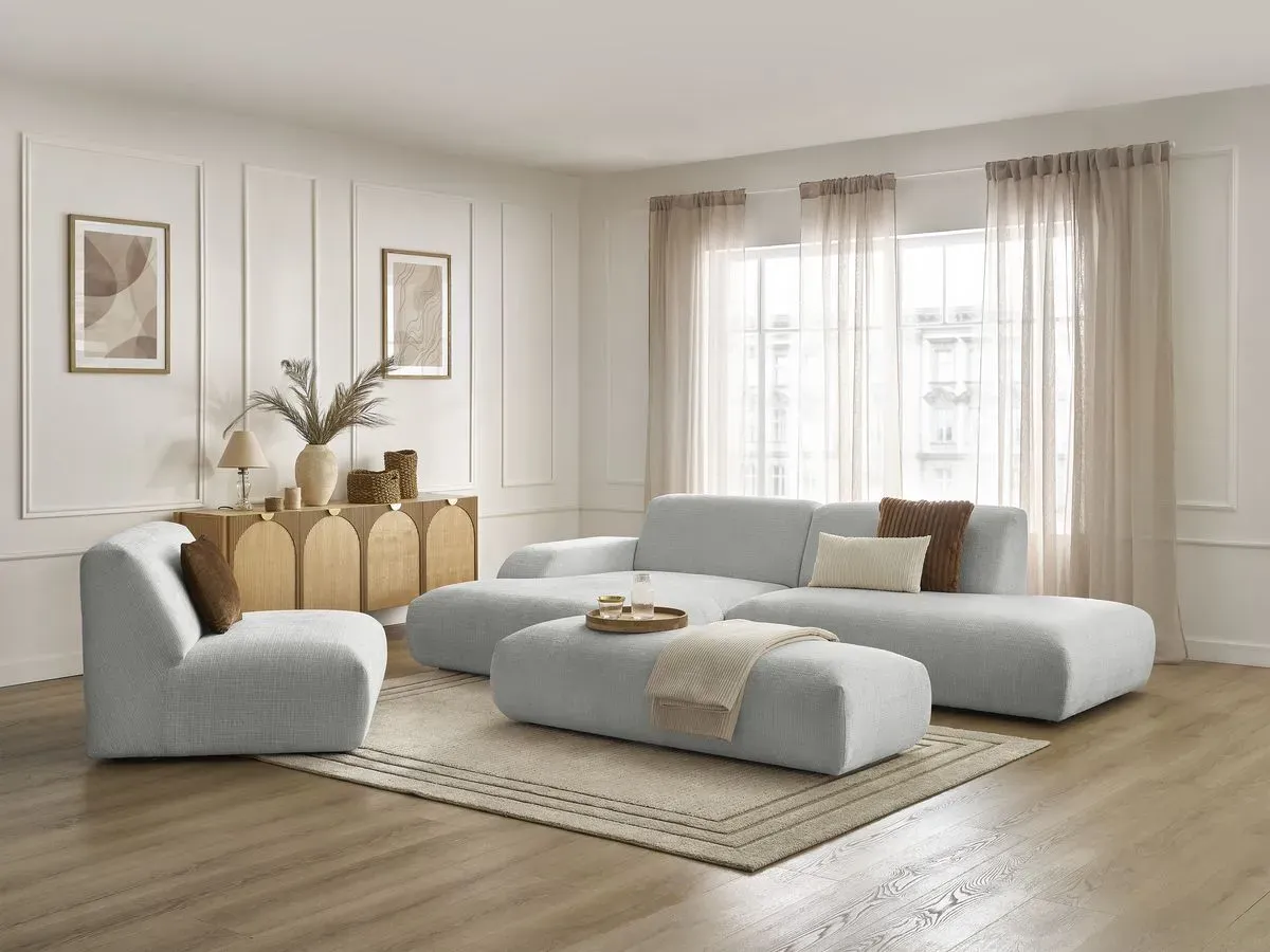 Canapé d'angle fixe modulable SIRIUS tissu texturé avec 1 chauffeuse et grand pouf gris clair  angle gauche BOBOCHIC 5 places