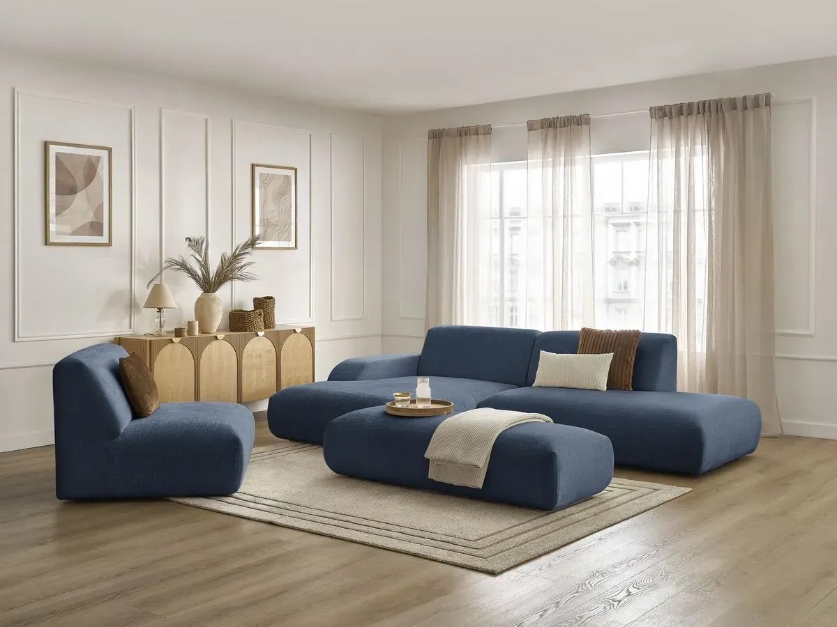 Canapé d'angle fixe modulable SIRIUS tissu texturé avec 1 chauffeuse et grand pouf bleu foncé  angle gauche BOBOCHIC 5 places
