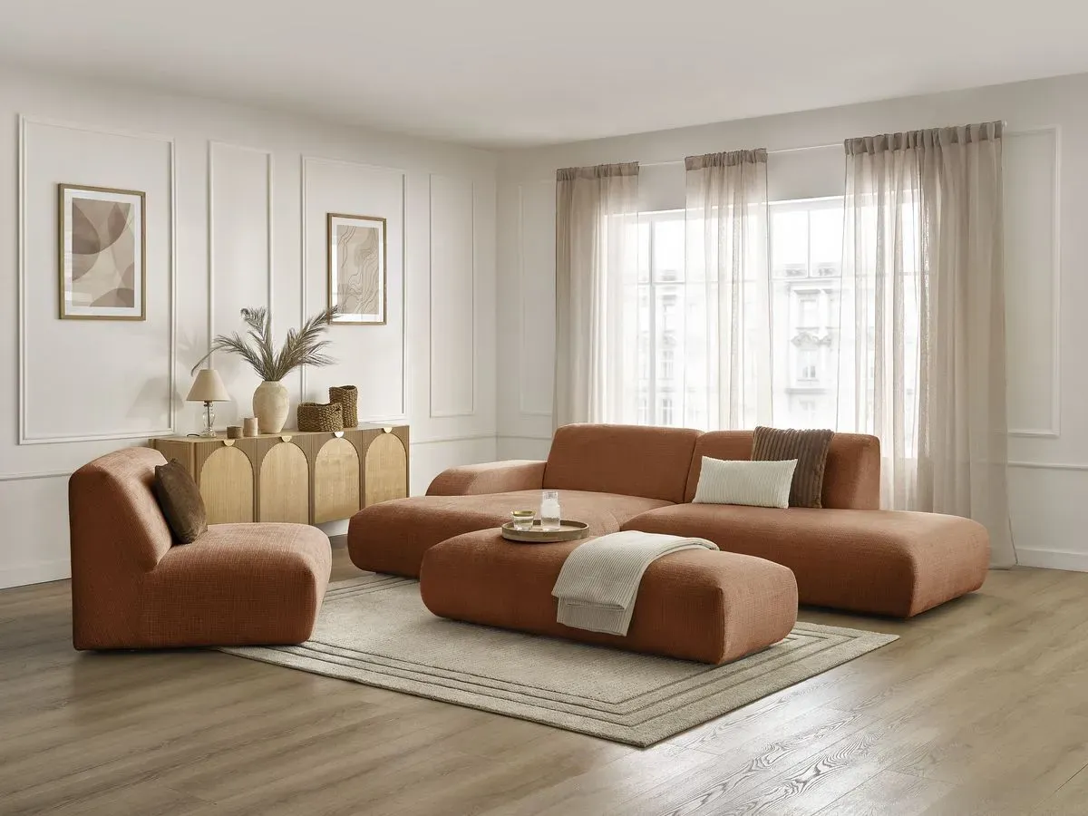 Canapé d'angle fixe modulable SIRIUS tissu texturé avec 1 chauffeuse et grand pouf orange  angle gauche BOBOCHIC 5 places