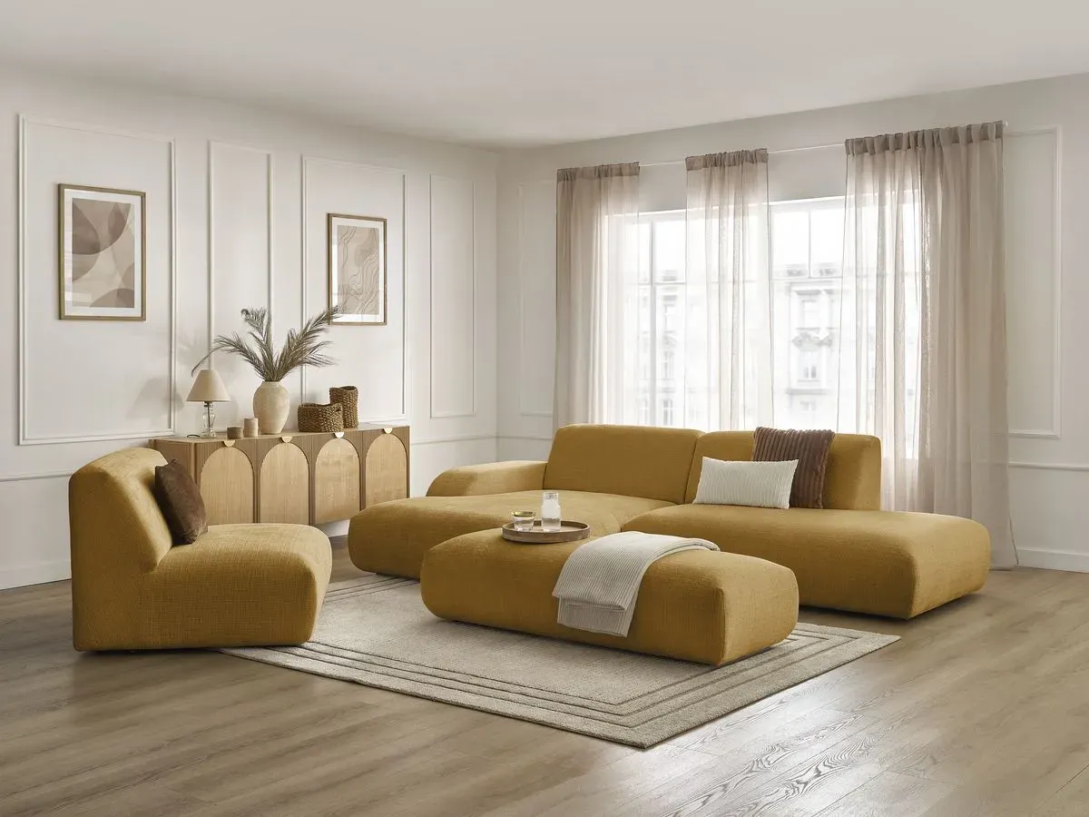 Canapé d'angle fixe modulable SIRIUS tissu texturé avec 1 chauffeuse et grand pouf jaune  angle gauche BOBOCHIC 5 places