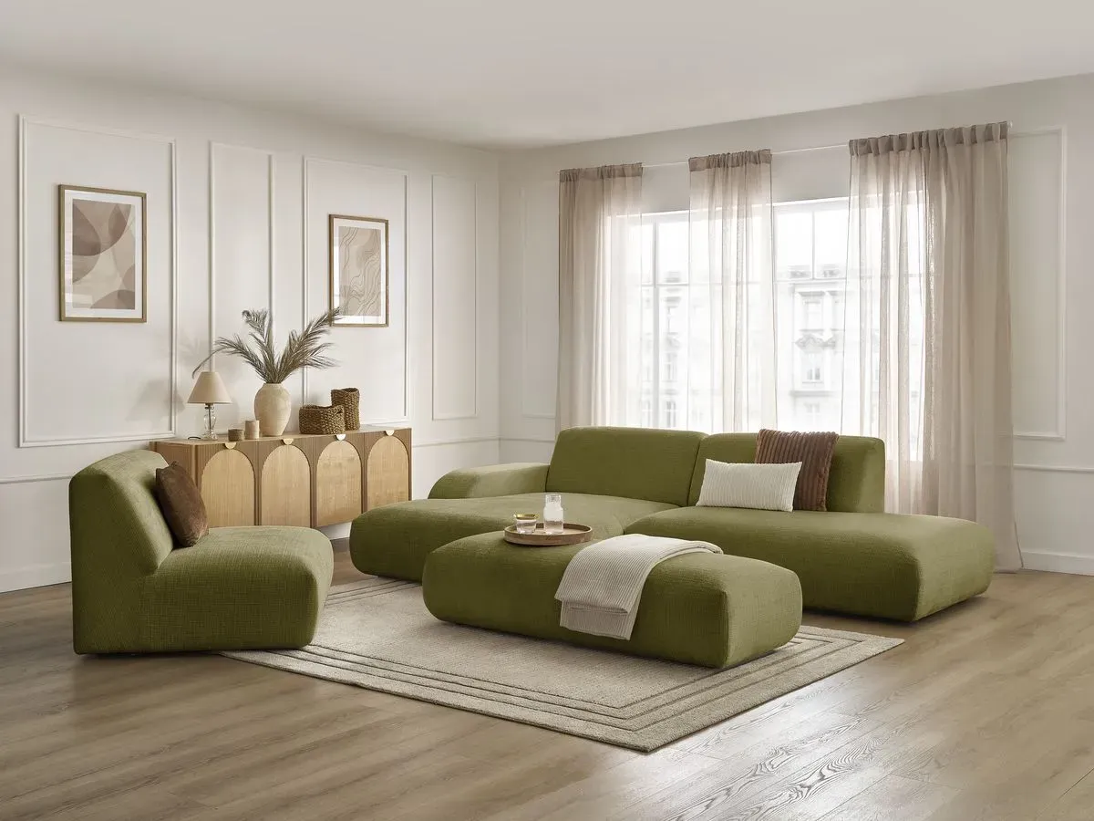 Canapé d'angle fixe modulable SIRIUS tissu texturé avec 1 chauffeuse et grand pouf vert  angle gauche BOBOCHIC 5 places