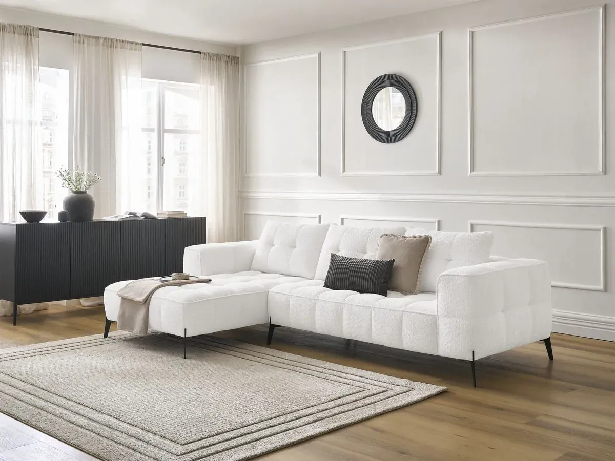 Canapé d'angle fixe ANIS tissu bouclette blanc  angle gauche BOBOCHIC 4 places