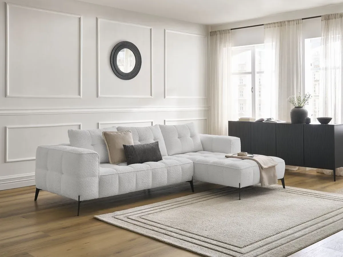 Canapé d'angle fixe ANIS tissu bouclette gris clair  angle droit BOBOCHIC 4 places