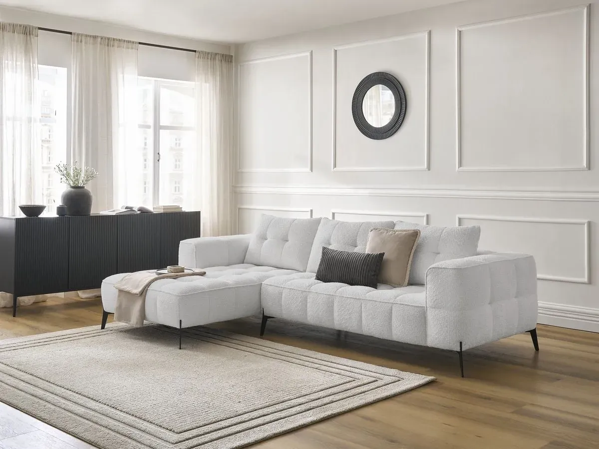 Canapé d'angle fixe ANIS tissu bouclette gris clair  angle gauche BOBOCHIC 4 places