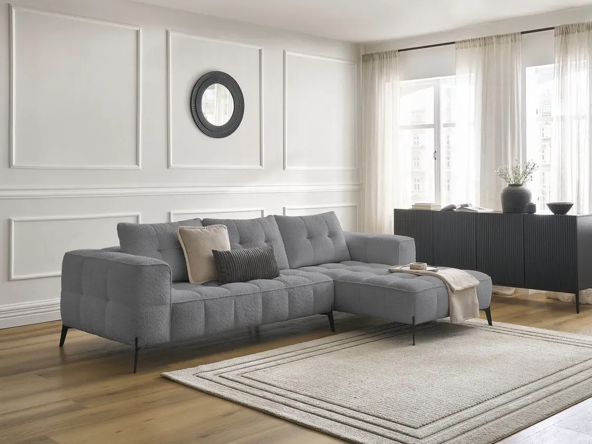 Canapé d'angle fixe ANIS tissu bouclette gris foncé  angle droit BOBOCHIC 4 places