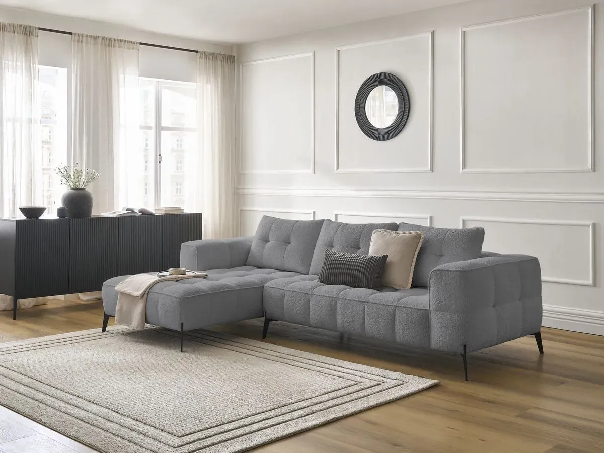 Canapé d'angle fixe ANIS tissu bouclette gris foncé  angle gauche BOBOCHIC 4 places