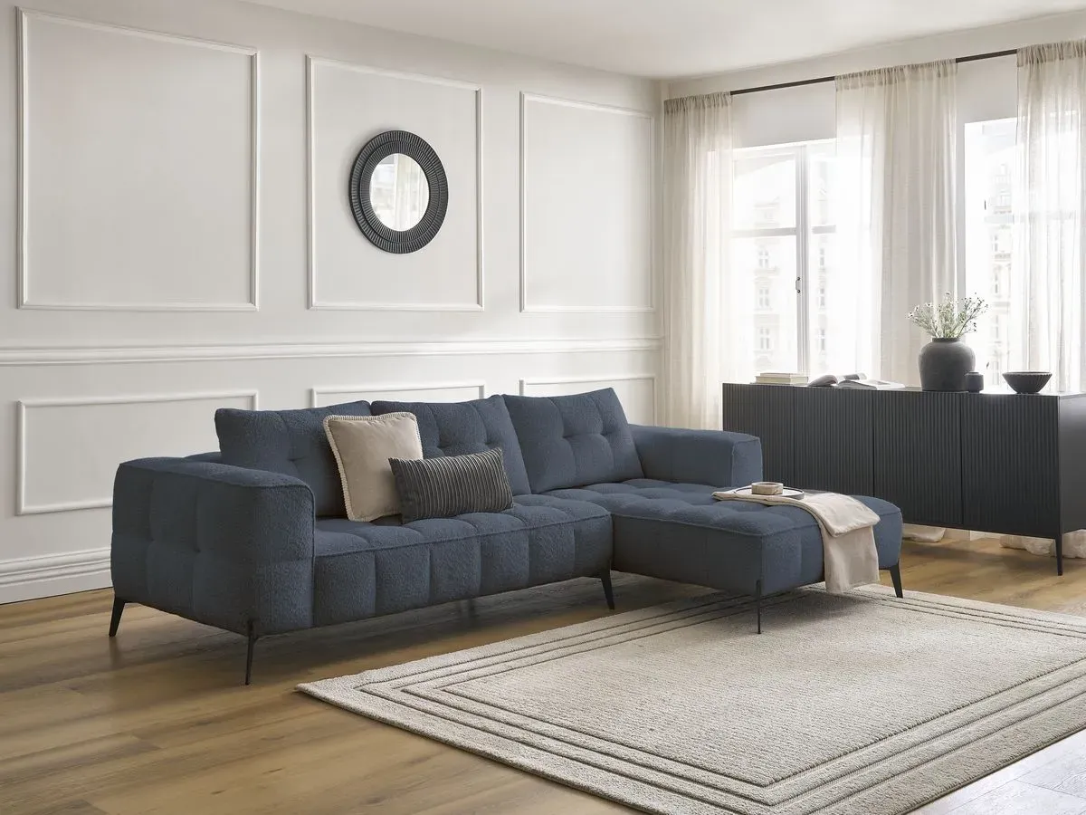 Canapé d'angle fixe ANIS tissu bouclette bleu foncé  angle droit BOBOCHIC 4 places