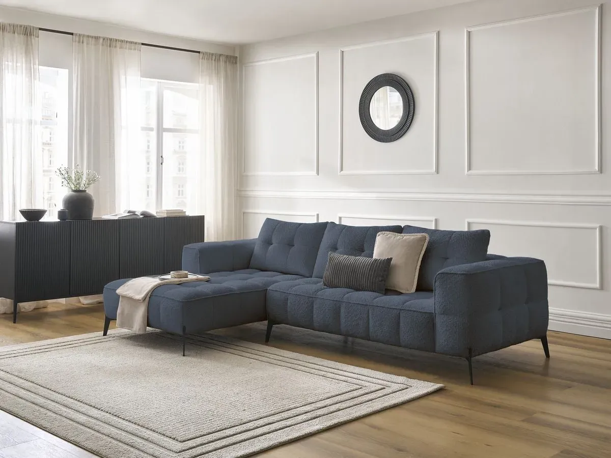Canapé d'angle fixe ANIS tissu bouclette bleu foncé  angle gauche BOBOCHIC 4 places