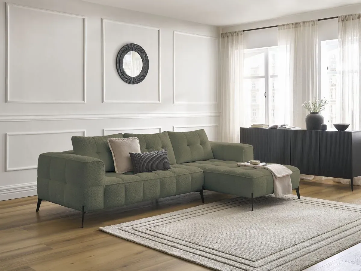 Canapé d'angle fixe ANIS tissu bouclette vert  angle droit BOBOCHIC 4 places