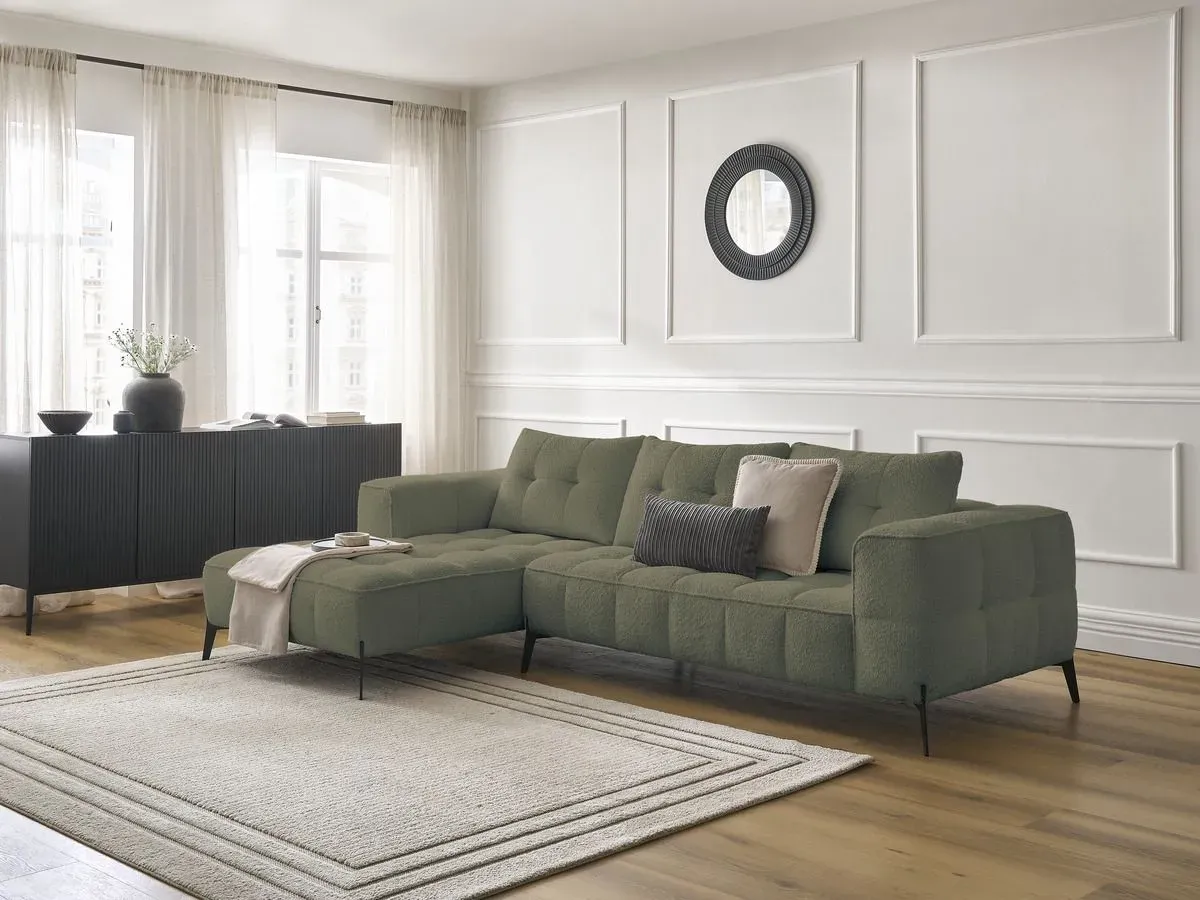 Canapé d'angle fixe ANIS tissu bouclette vert  angle gauche BOBOCHIC 4 places