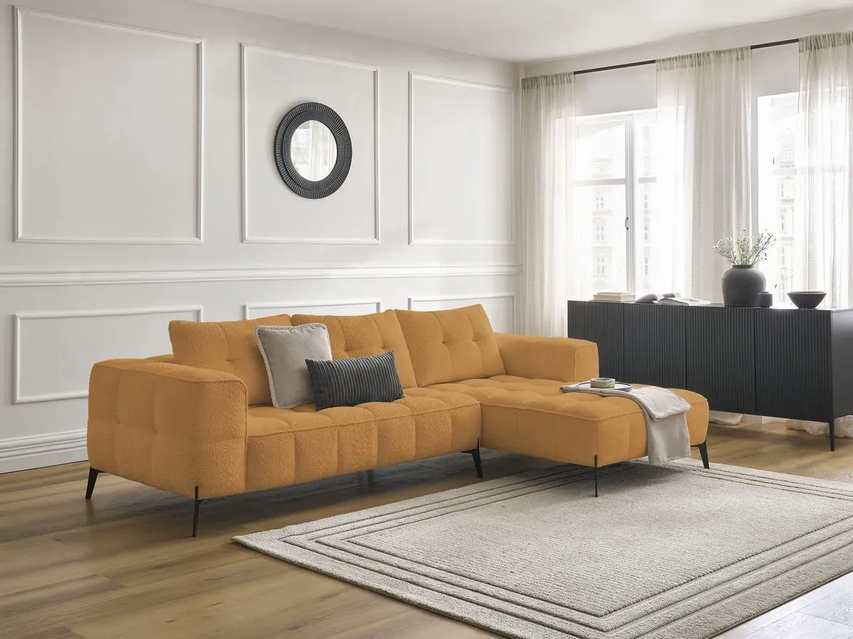 Canapé d'angle fixe ANIS tissu bouclette jaune  angle droit BOBOCHIC 4 places