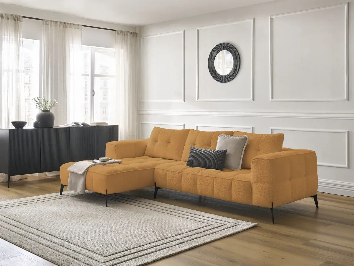 Canapé d'angle fixe ANIS tissu bouclette jaune  angle gauche BOBOCHIC 4 places