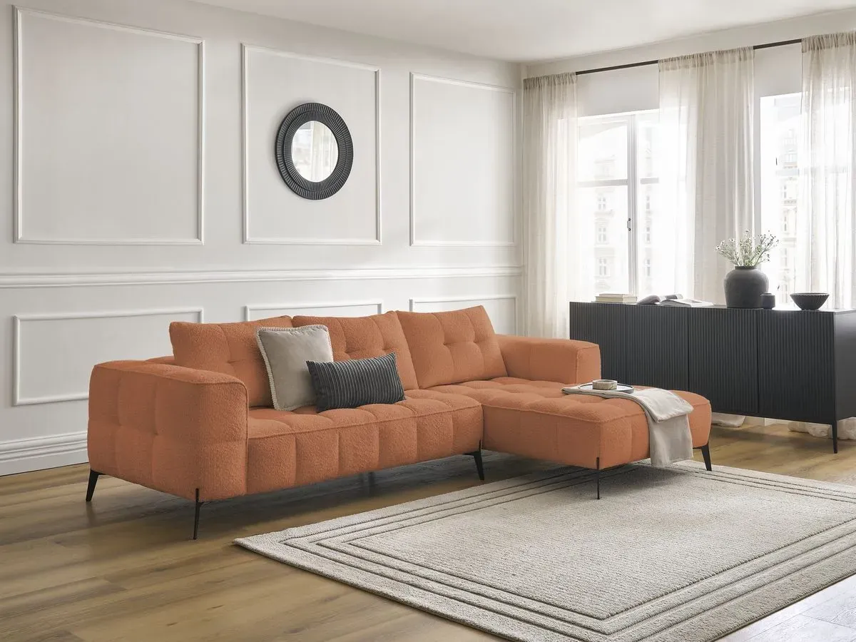 Canapé d'angle fixe ANIS tissu bouclette orange  angle droit BOBOCHIC 4 places