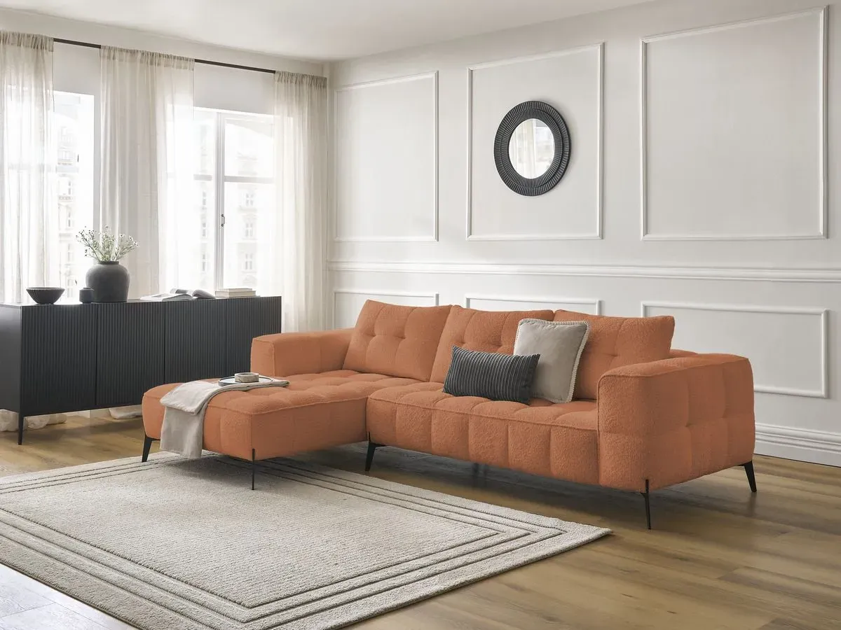 Canapé d'angle fixe ANIS tissu bouclette orange  angle gauche BOBOCHIC 4 places