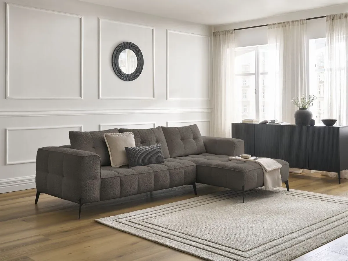 Canapé d'angle fixe ANIS tissu bouclette marron  angle droit BOBOCHIC 4 places