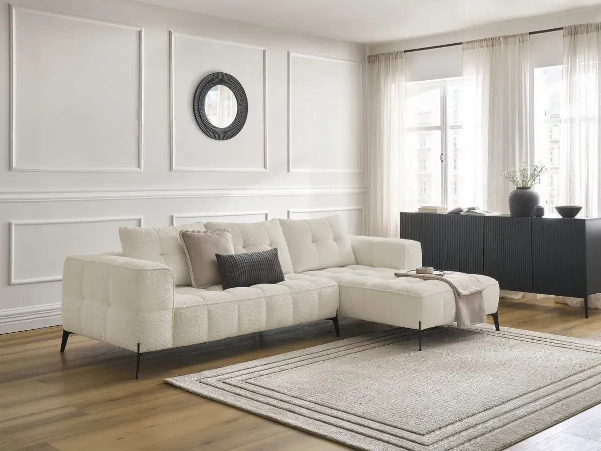 Canapé d'angle fixe ANIS tissu bouclette beige  angle droit BOBOCHIC 4 places