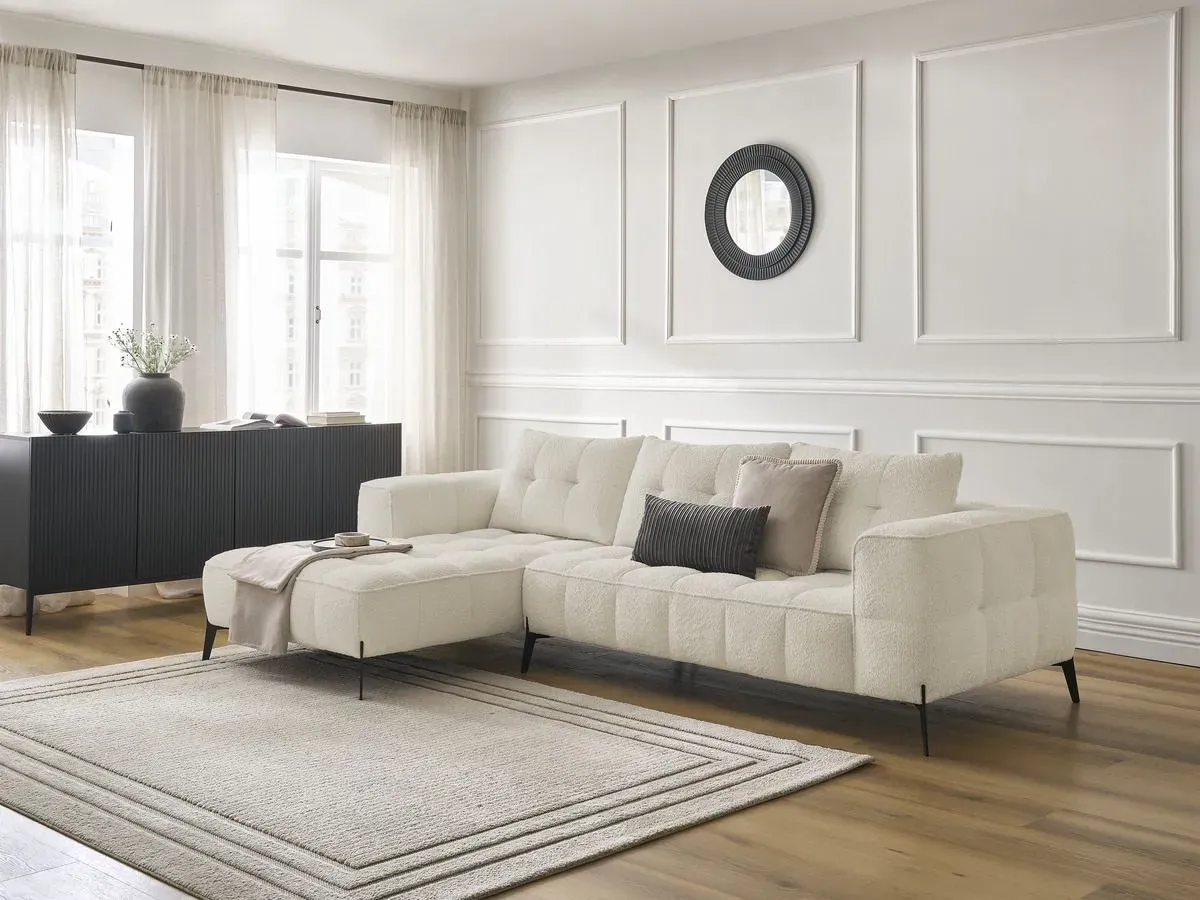 Canapé d'angle fixe ANIS tissu bouclette beige  angle gauche BOBOCHIC 4 places