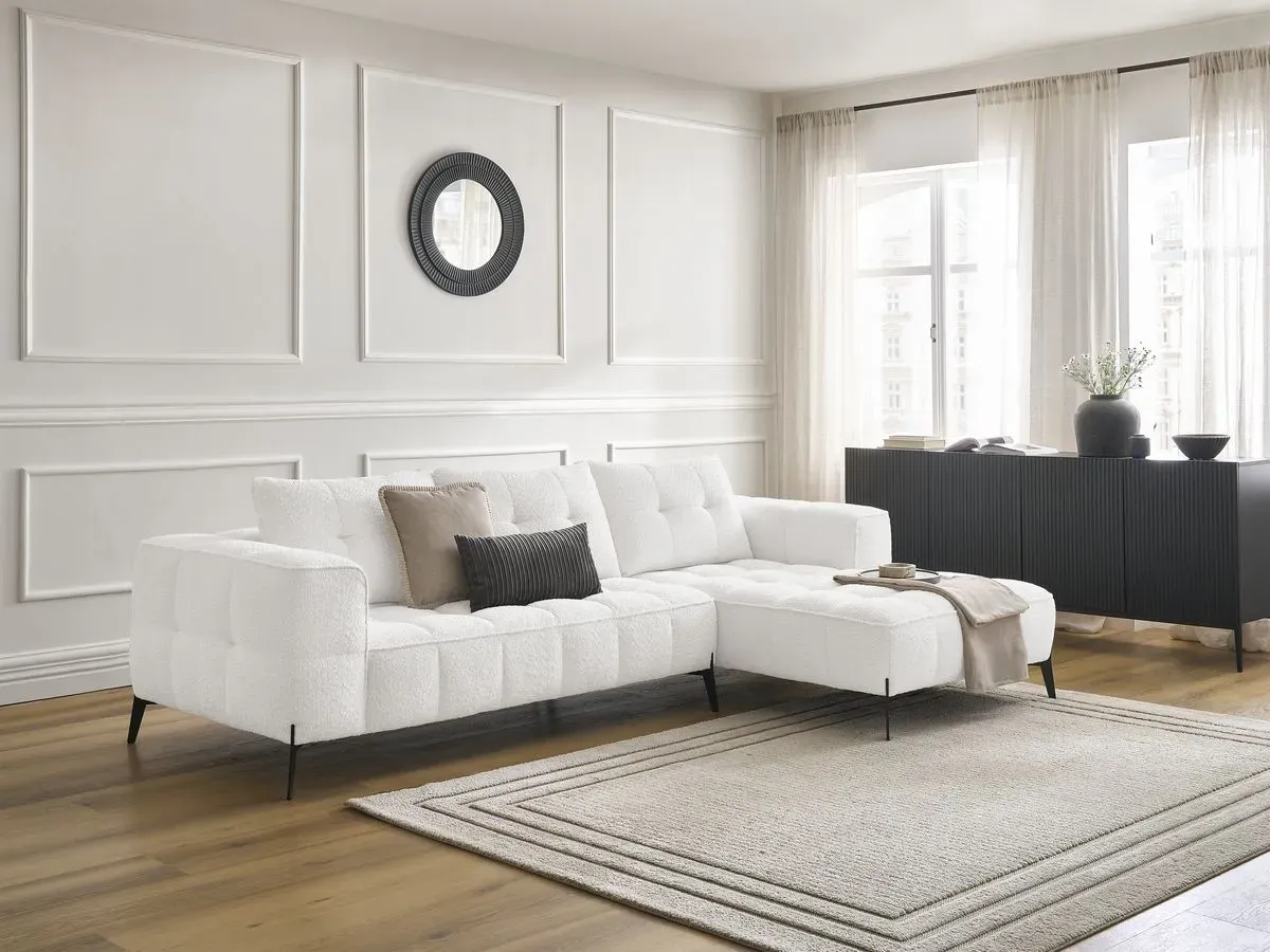 Canapé d'angle fixe ANIS tissu bouclette blanc  angle droit BOBOCHIC 4 places