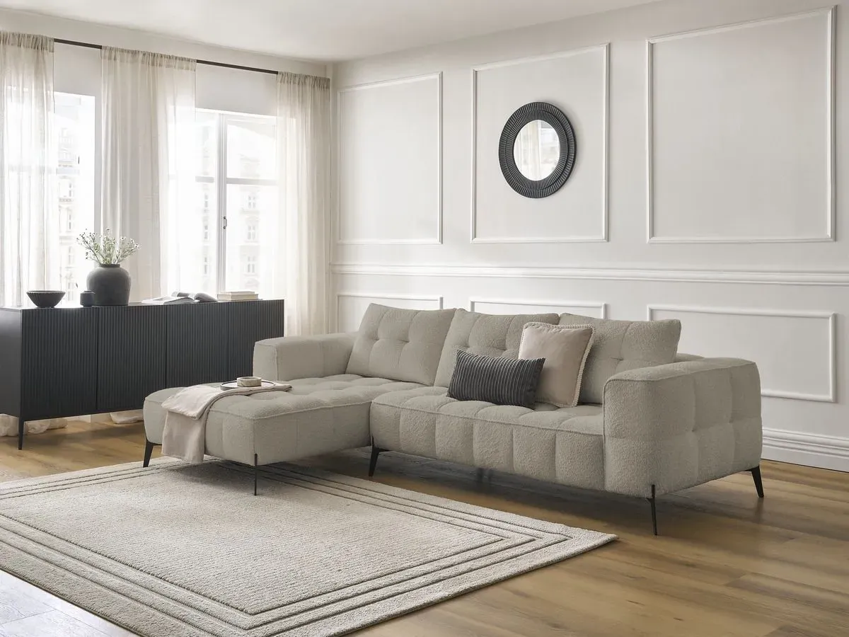 Canapé d'angle fixe ANIS tissu bouclette taupe  angle gauche BOBOCHIC 4 places