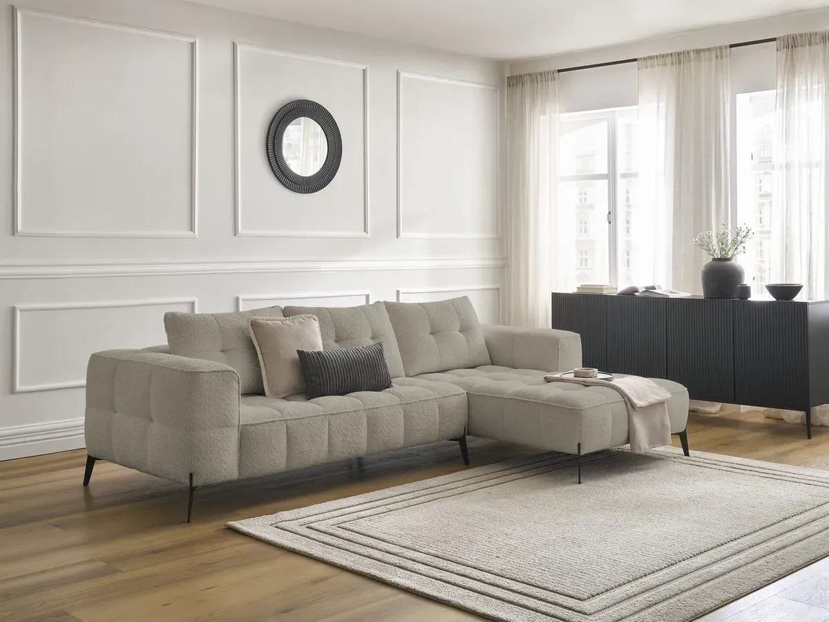 Canapé d'angle fixe ANIS tissu bouclette taupe  angle droit BOBOCHIC 4 places