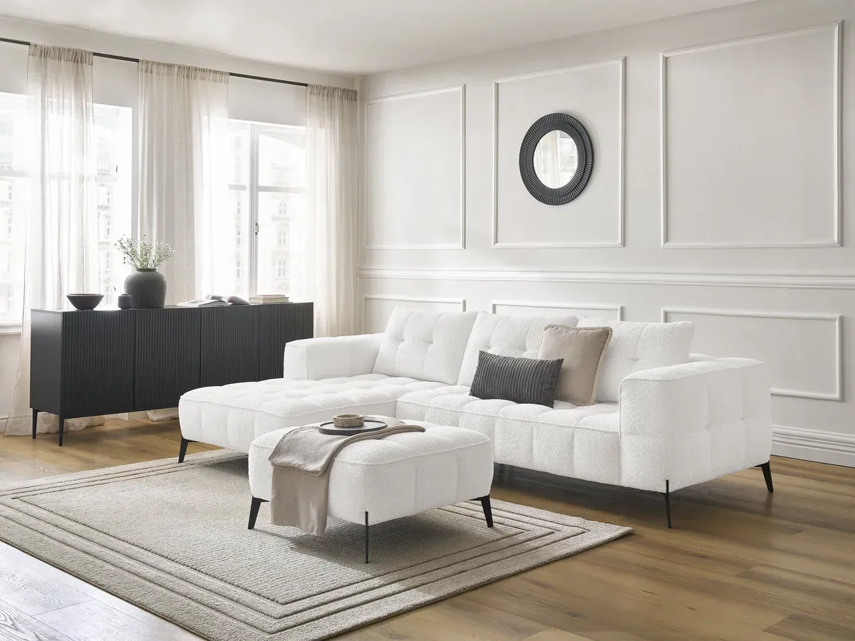 Canapé d'angle fixe ANIS tissu bouclette avec pouf blanc  angle gauche BOBOCHIC 3 places