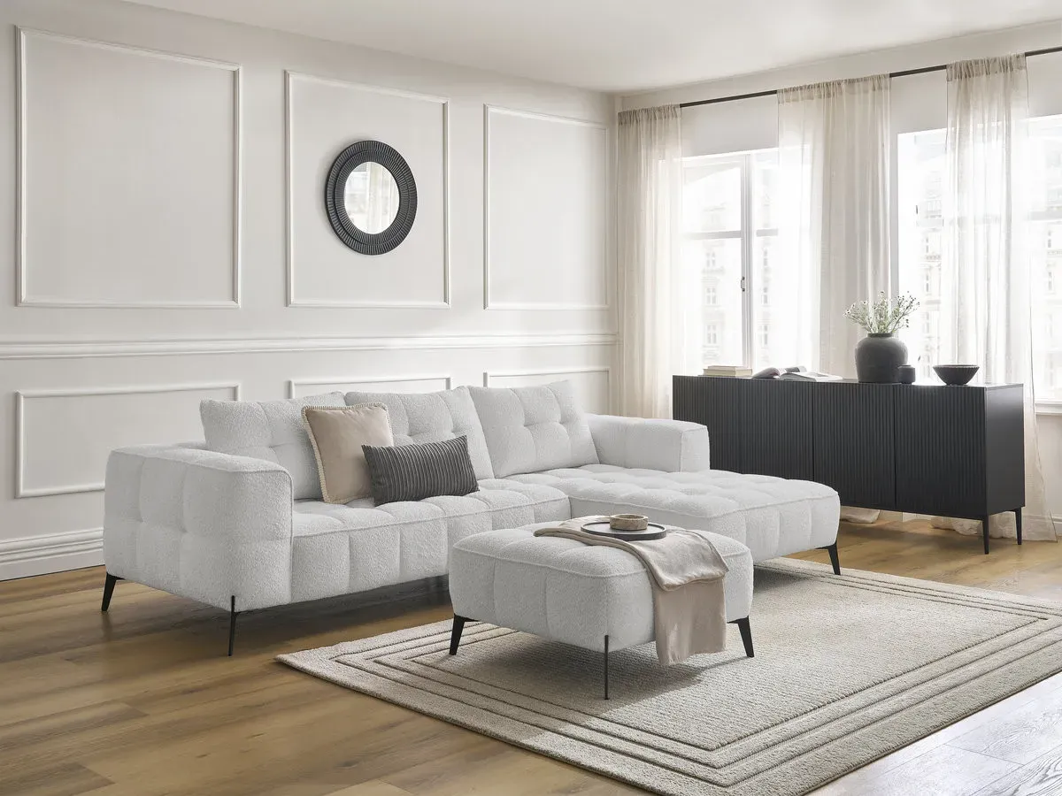 Canapé d'angle fixe ANIS tissu bouclette avec pouf gris clair  angle droit BOBOCHIC 3 places