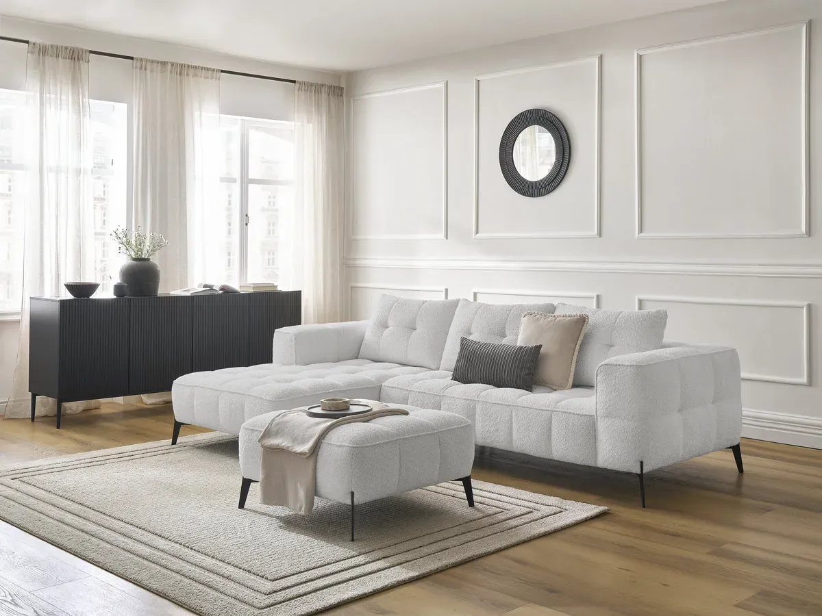 Canapé d'angle fixe ANIS tissu bouclette avec pouf gris clair  angle gauche BOBOCHIC 3 places