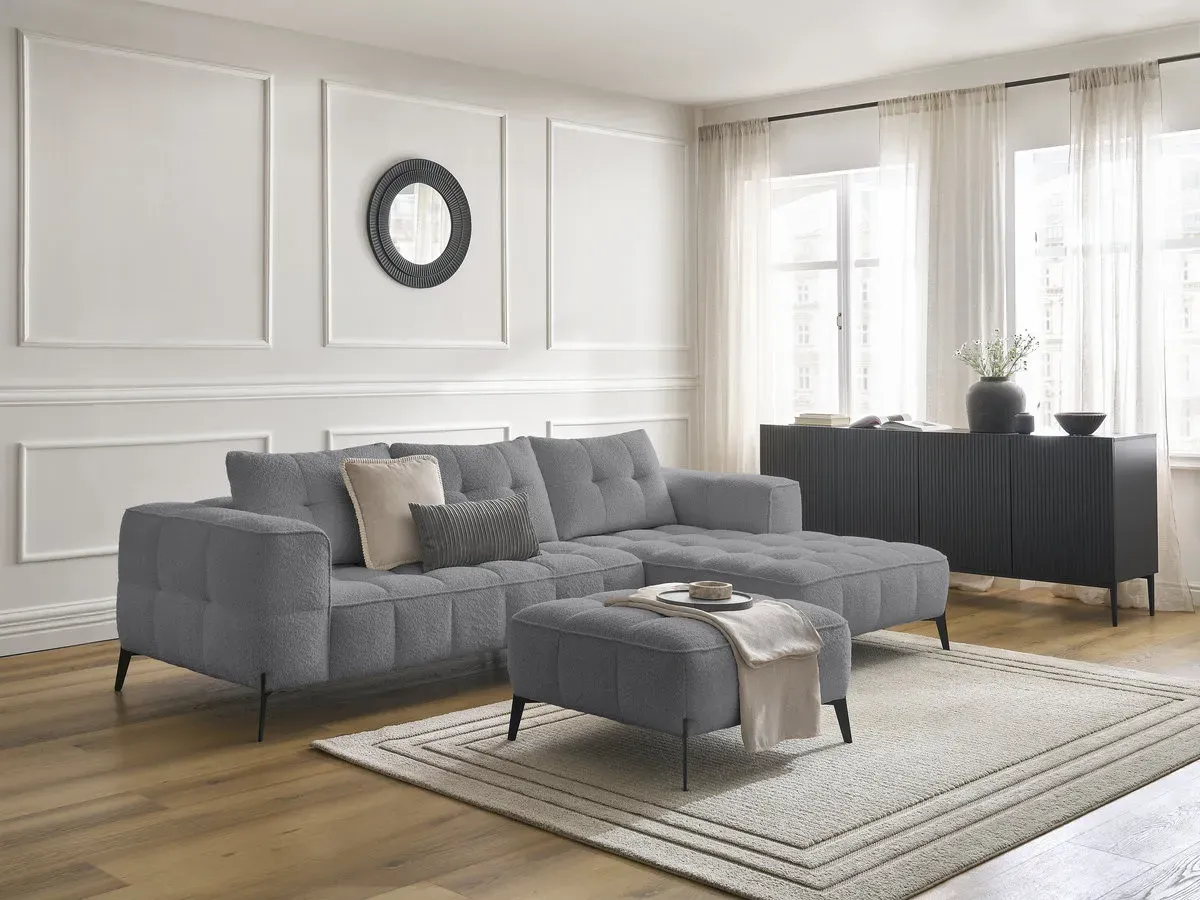 Canapé d'angle fixe ANIS tissu bouclette avec pouf gris foncé  angle droit BOBOCHIC 3 places