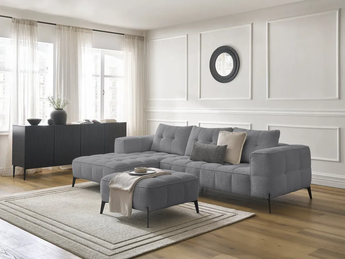 Canapé d'angle fixe ANIS tissu bouclette avec pouf gris foncé  angle gauche BOBOCHIC 3 places