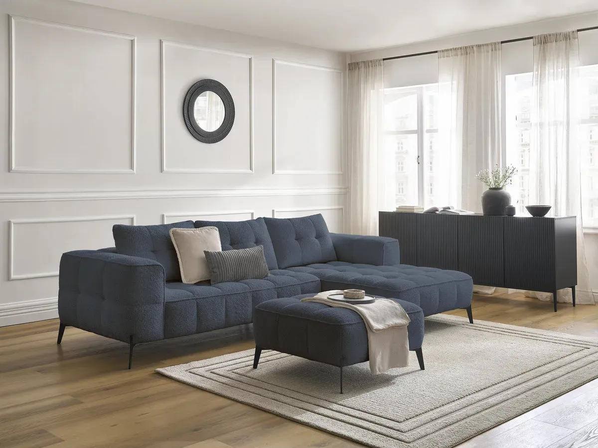 Canapé d'angle fixe ANIS tissu bouclette avec pouf bleu foncé  angle droit BOBOCHIC 3 places