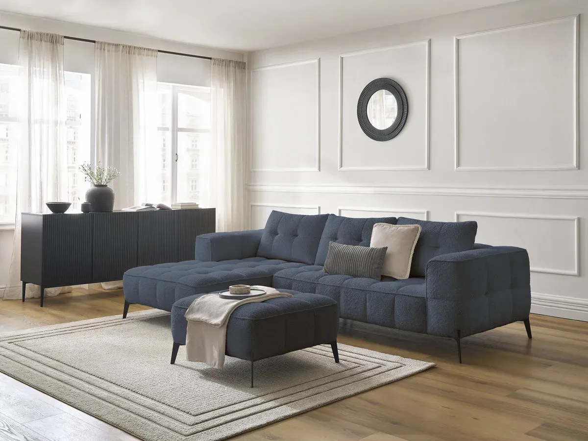 Canapé d'angle fixe ANIS tissu bouclette avec pouf bleu foncé  angle gauche BOBOCHIC 3 places