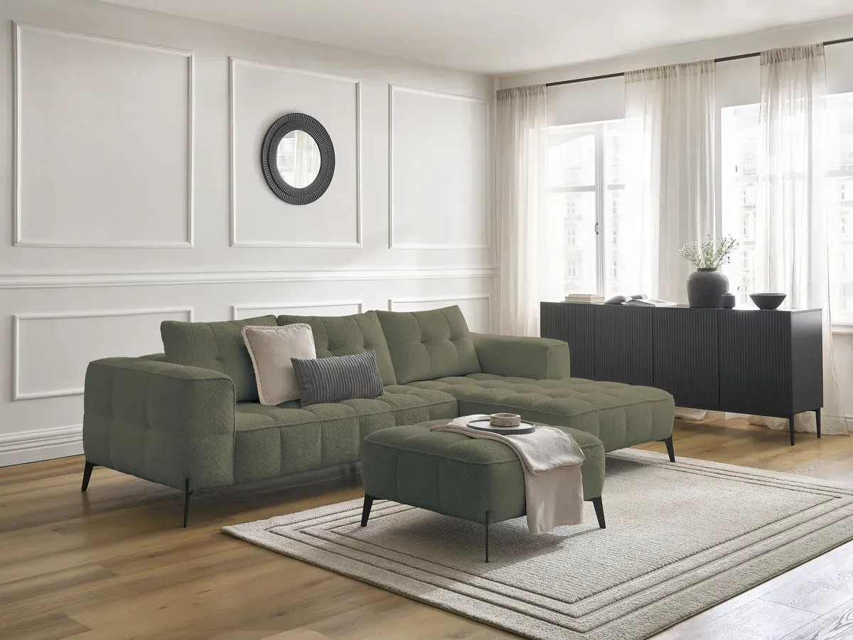 Canapé d'angle fixe ANIS tissu bouclette avec pouf vert  angle droit BOBOCHIC 3 places